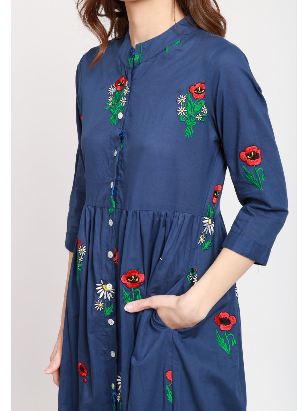XIWIKJ VESTITO CHEMISIER BLU IN COTONE CON FIORI RICAMATI Blu