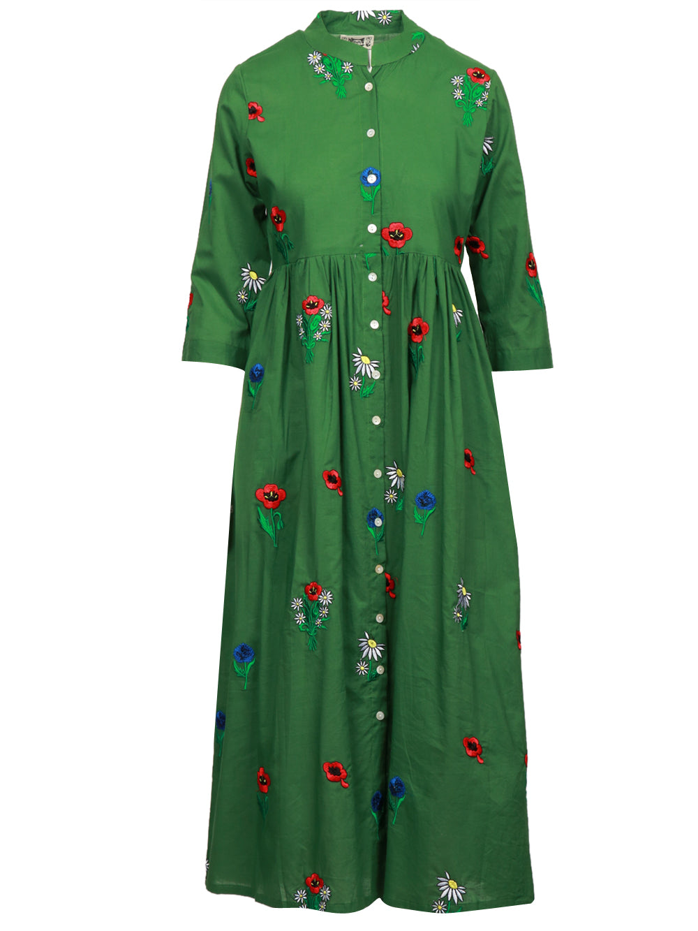 XIWIKJ VESTITO CHEMISIER VERDE IN COTONE CON FIORI RICAMATI Verde