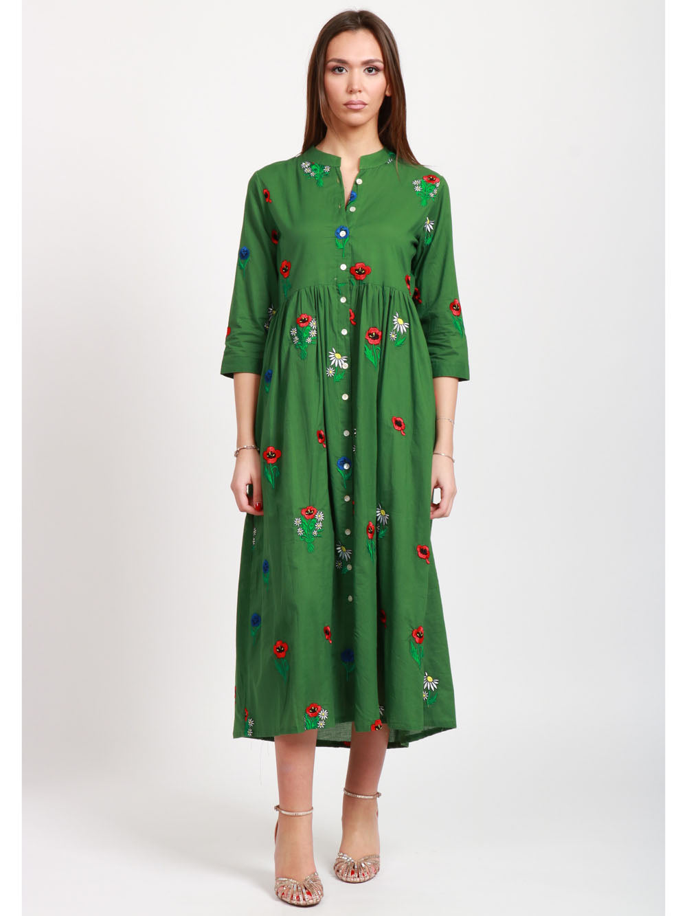 XIWIKJ VESTITO CHEMISIER VERDE IN COTONE CON FIORI RICAMATI Verde