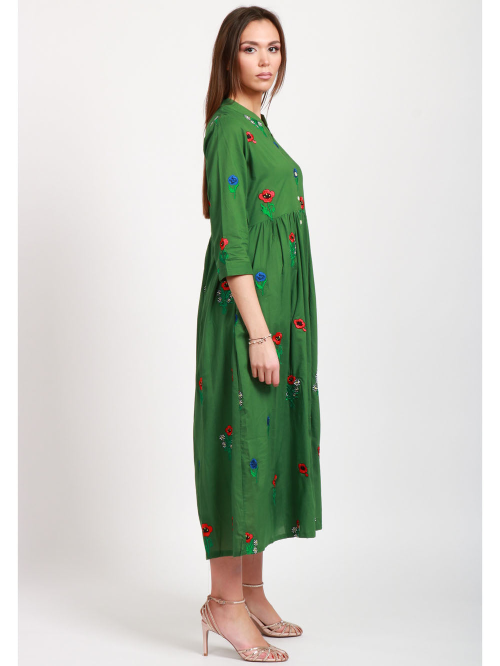 XIWIKJ VESTITO CHEMISIER VERDE IN COTONE CON FIORI RICAMATI Verde