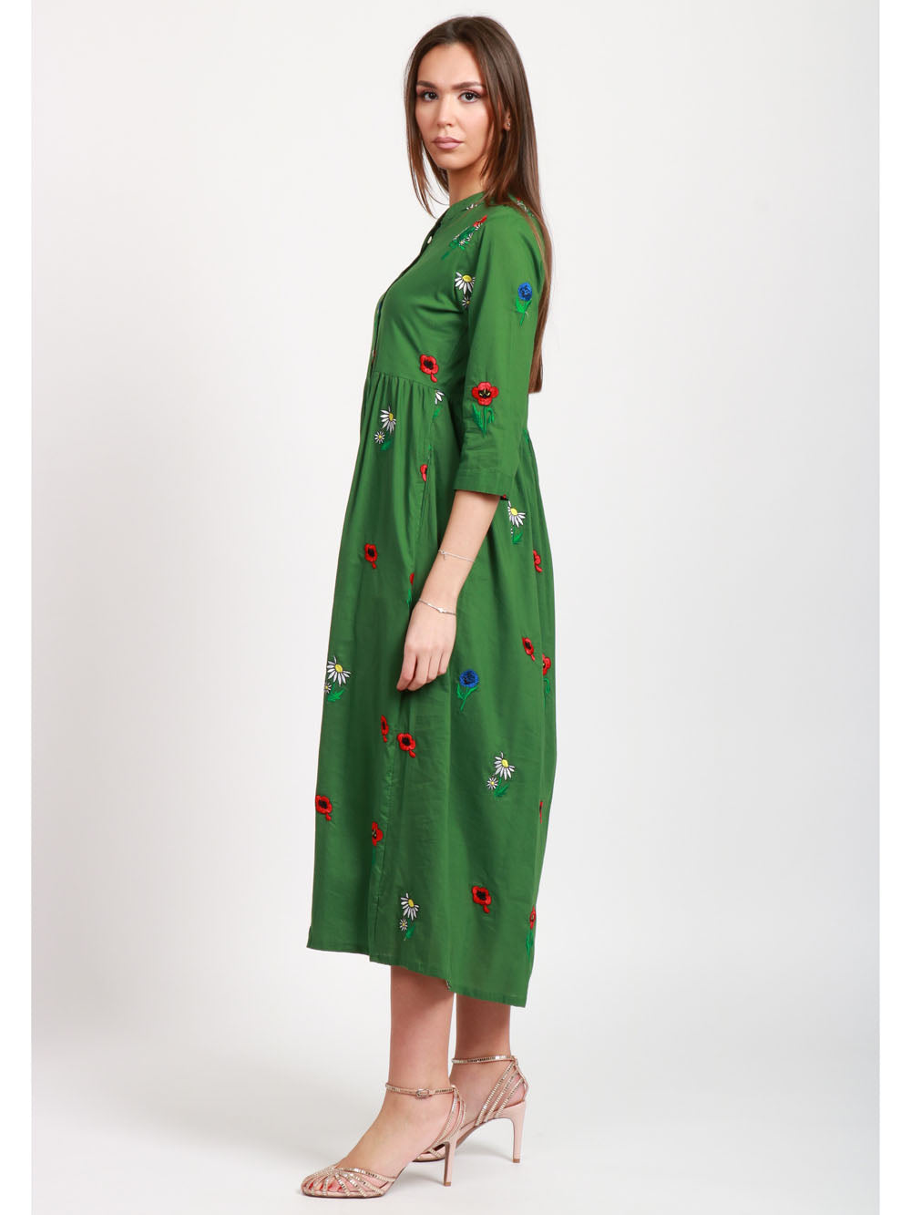 XIWIKJ VESTITO CHEMISIER VERDE IN COTONE CON FIORI RICAMATI Verde