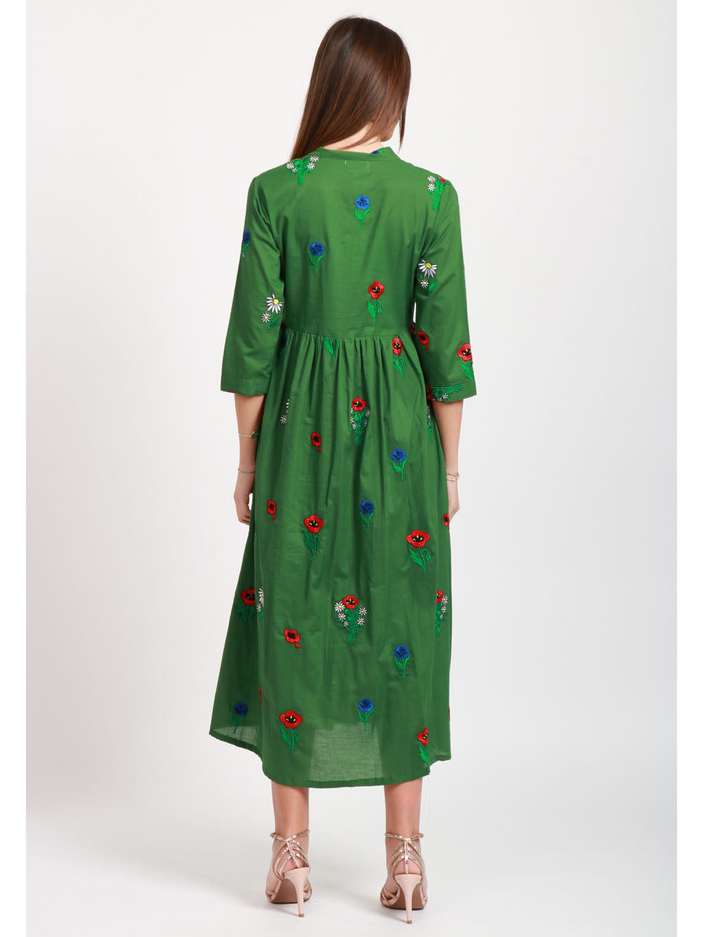XIWIKJ VESTITO CHEMISIER VERDE IN COTONE CON FIORI RICAMATI Verde