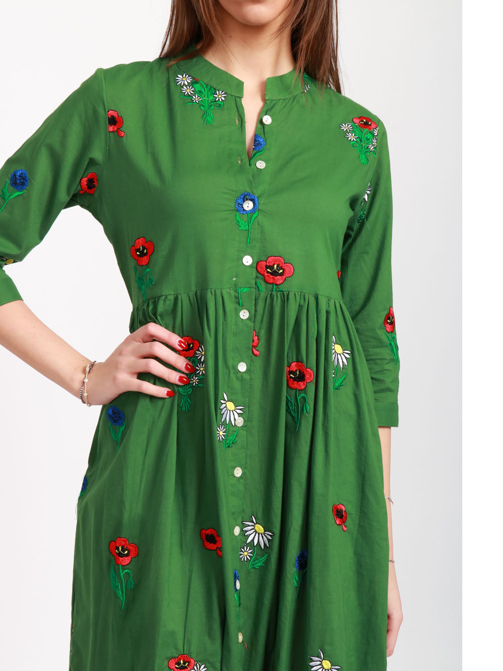 XIWIKJ VESTITO CHEMISIER VERDE IN COTONE CON FIORI RICAMATI Verde
