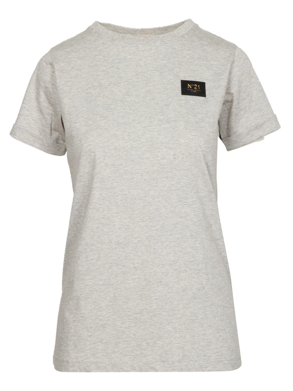 N°21 T-Shirt Girocollo in Cotone Grigia con Etichetta con Logo Grigio chiaro