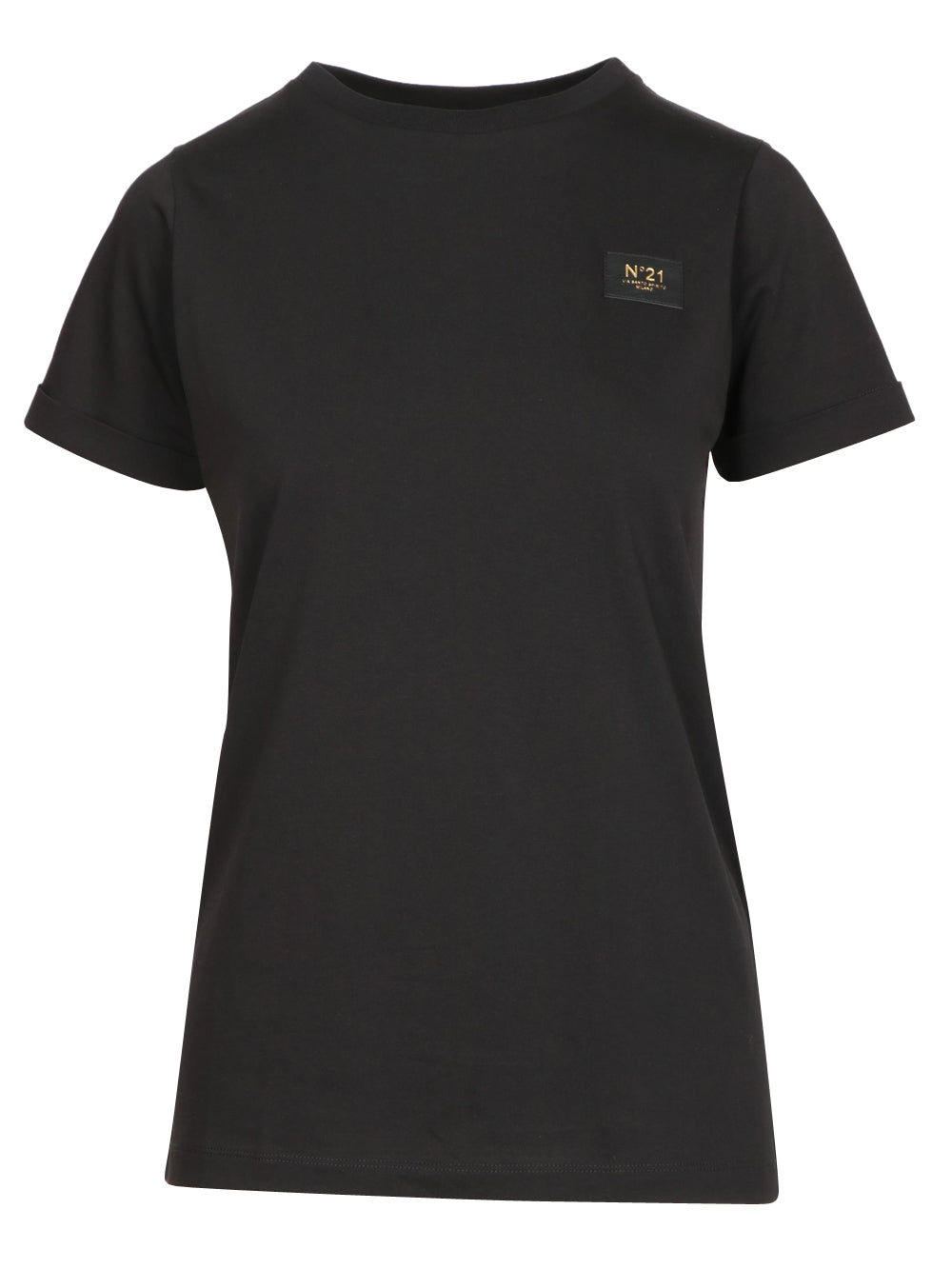 N°21 T-Shirt Girocollo in Cotone Nera con Etichetta con Logo Nero
