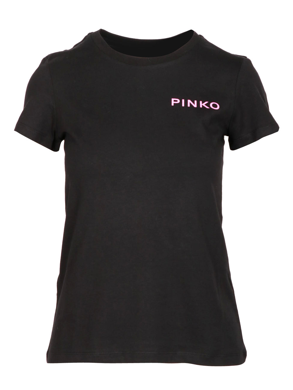 PINKO T-Shirt Bussolotto Girocollo in Cotone Nera con Logo e Scritta Fucsia Nero/fucsia