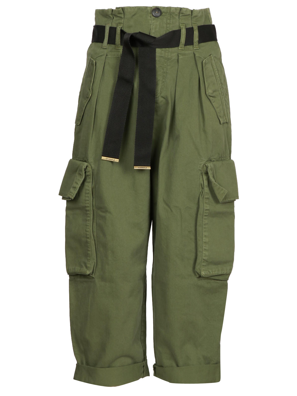 PINKO Pantaloni Ronfare Cargo in Cotone Verde Militari con Fusciacca Verde militare