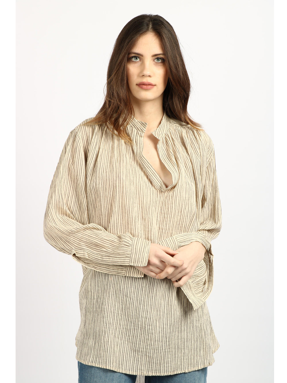 LAURENCE BRAS Blusa Over Beige a Righe Marroni Bianco Marrone