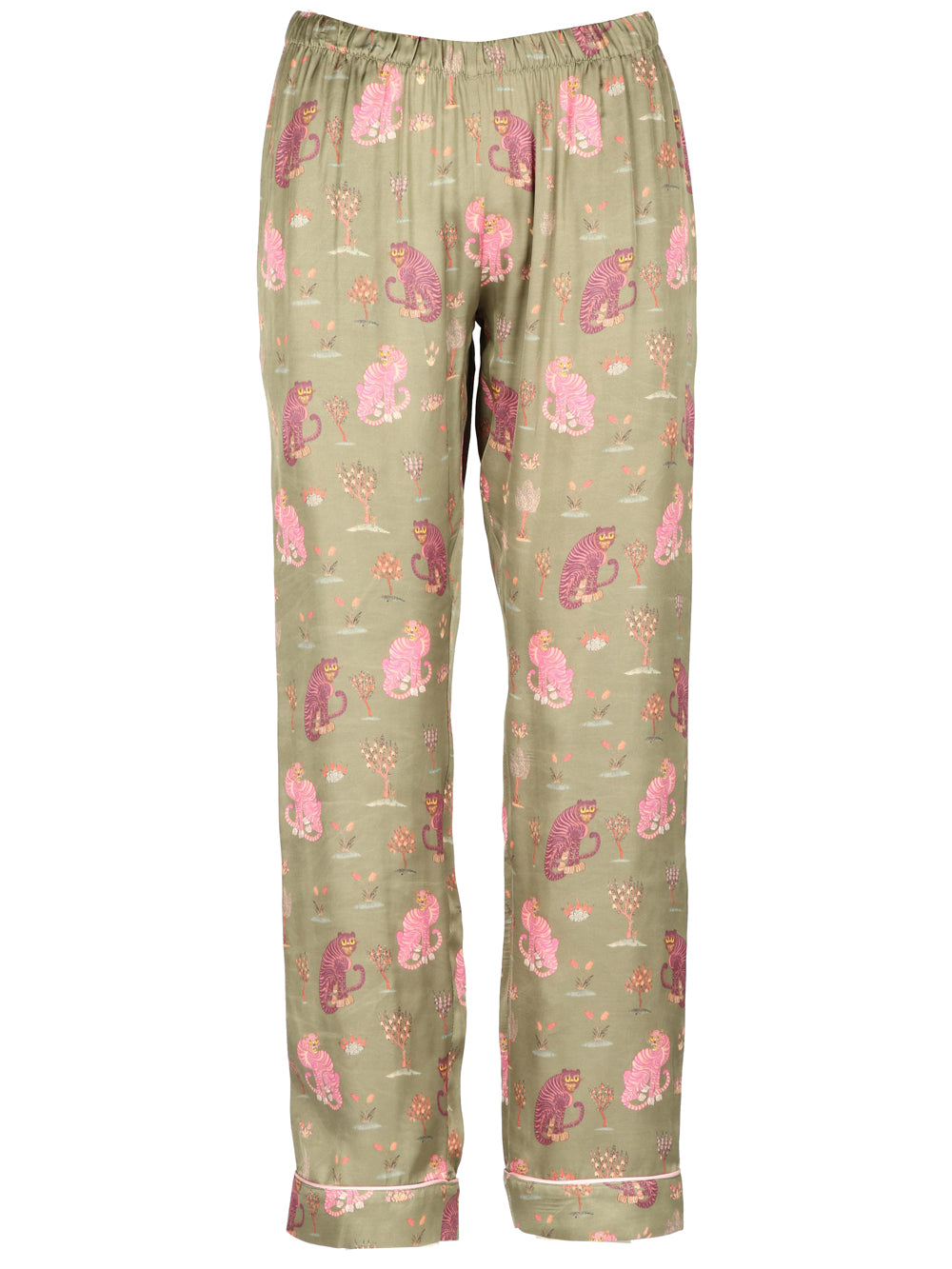 LISA C. Pantalone Daiquiri in Seta Verde Militare con Tigri Rosa Verde/rosa