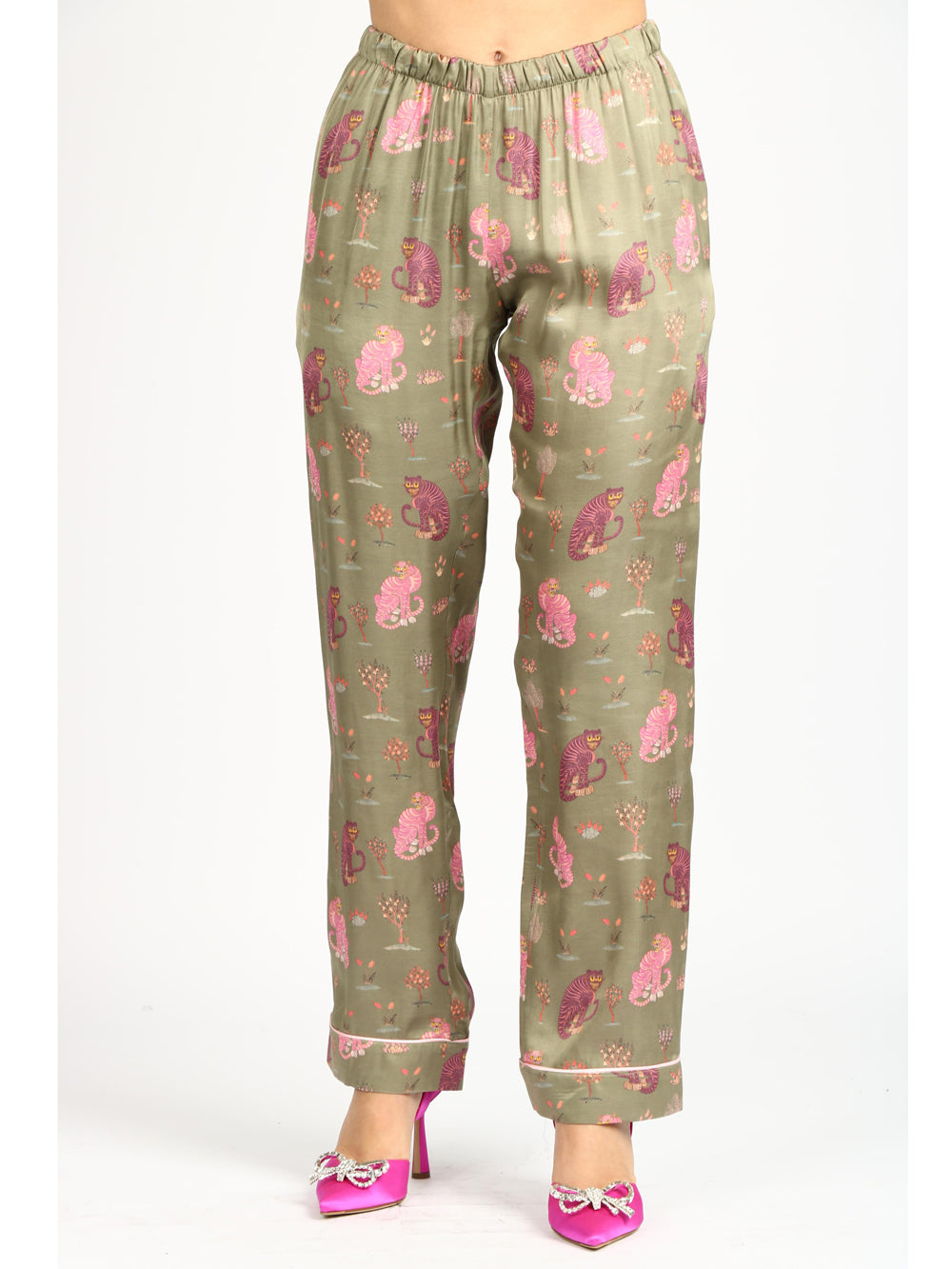 LISA C. Pantalone Daiquiri in Seta Verde Militare con Tigri Rosa Verde/rosa