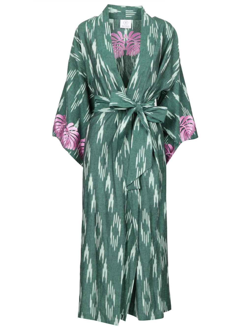 KLEED Kimono Jaisal in Cotone Verde con Ricami Rosa Verde+Color