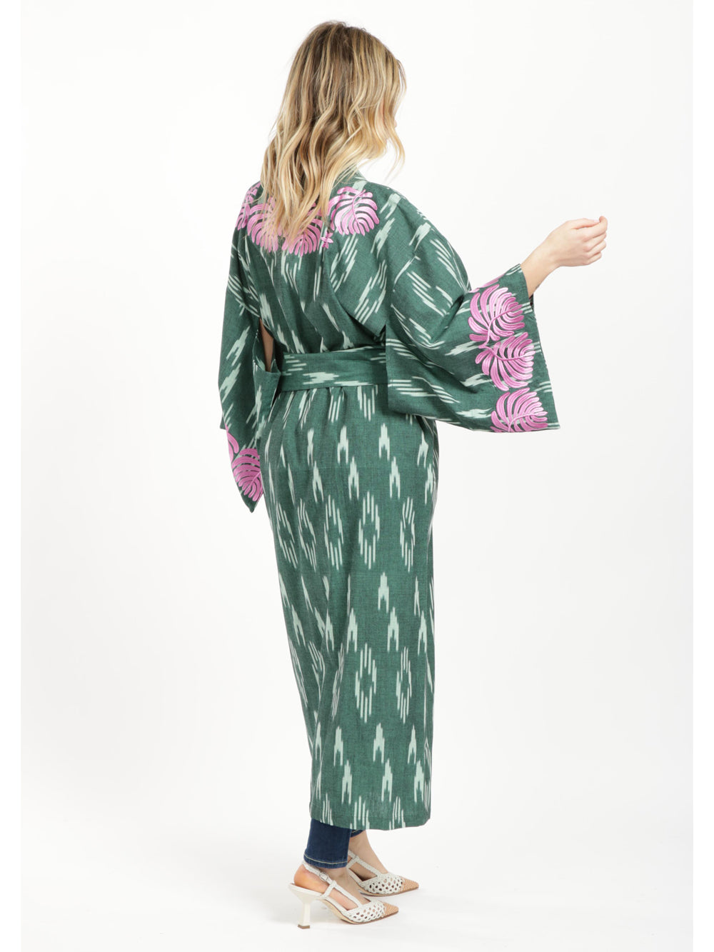 KLEED Kimono Jaisal in Cotone Verde con Ricami Rosa Verde+Color