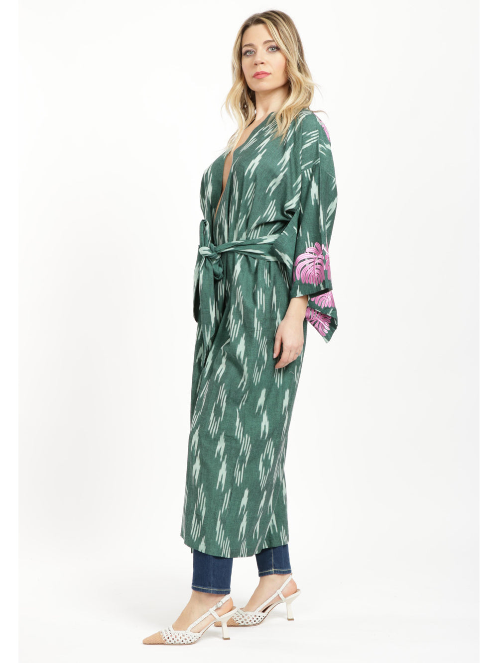 KLEED Kimono Jaisal in Cotone Verde con Ricami Rosa Verde+Color