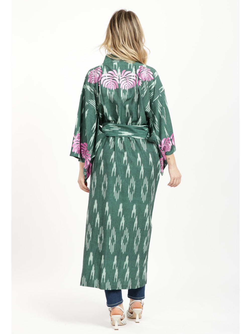 KLEED Kimono Jaisal in Cotone Verde con Ricami Rosa Verde+Color