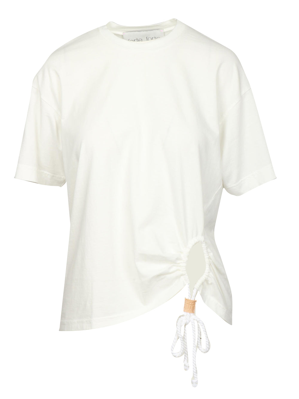 White Cotton Crew Neck T-Shirt with Drawstring on the Bottom