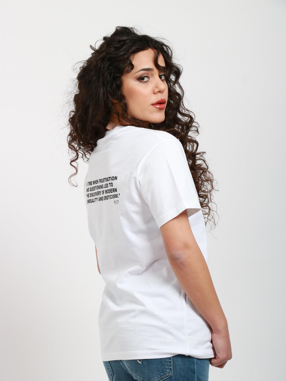 N°21 T-Shirt Girocollo in Cotone Bianca con Scritta Nera Bianco