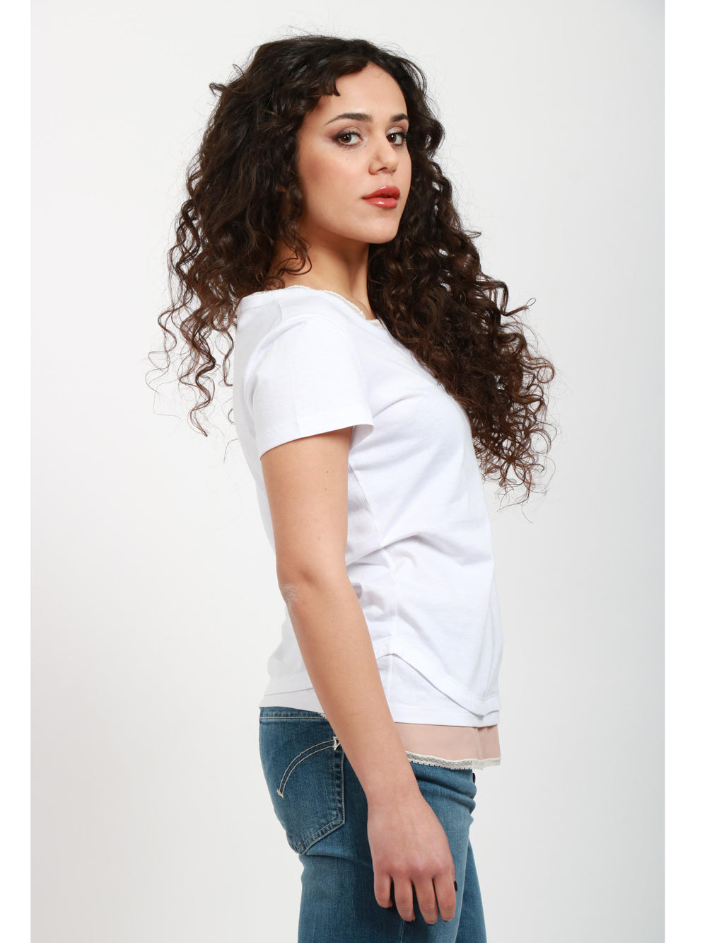 N°21 T-Shirt Girocollo Bianca con Dettagli in Seta Cipria Bianco