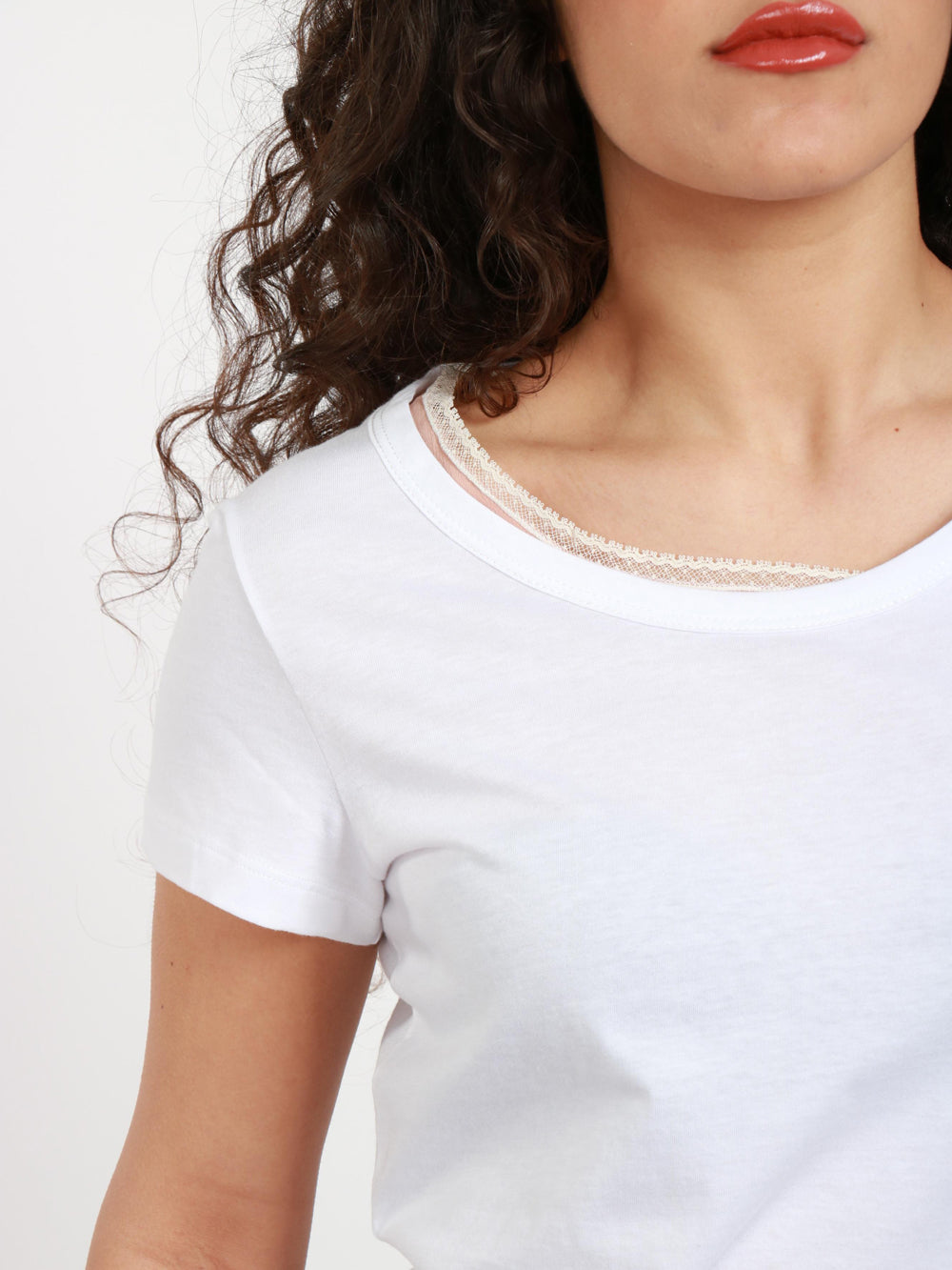 N°21 T-Shirt Girocollo Bianca con Dettagli in Seta Cipria Bianco